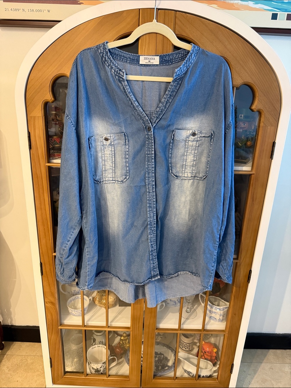 Zenana Outfitters Faded Light Blue Denim Button-Front Blouse